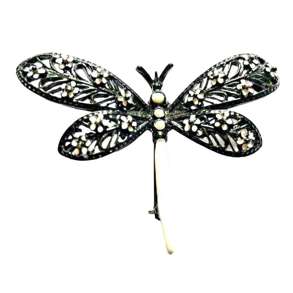 Arthur Pepper ART Enamel Dragonfly Pin Vintage Signed Black & White